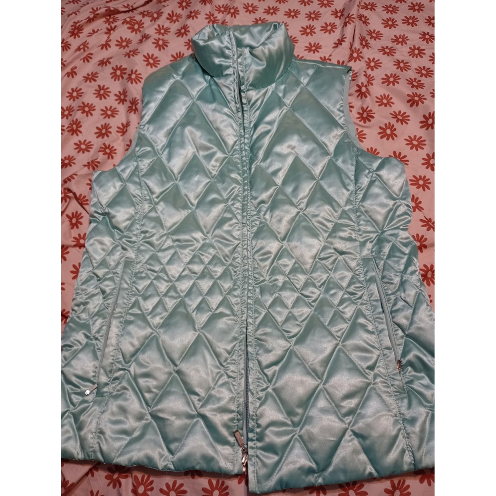 Lands End Womens Quilted Goose Down Vest Aqua Blue Puffer Full Zip Sleeveless M